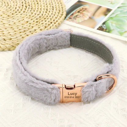 the PERSONALIZED PAW PLUSH COLLAR - Soft Personalized Dog Collar, Winter Warm Fur Customized Pet ID Tag Collars for Small/Medium/Large Dogs, French Bulldog, Chihuahua