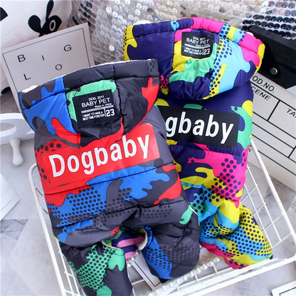 the RETRO DOG - Winter Small Dog Clothes, Puppy Dog Down Coat Parkas, Fashion Camouflage Printed Pet Cat/Puppy Ski Suit, Dog Cotton Jacket Outfits