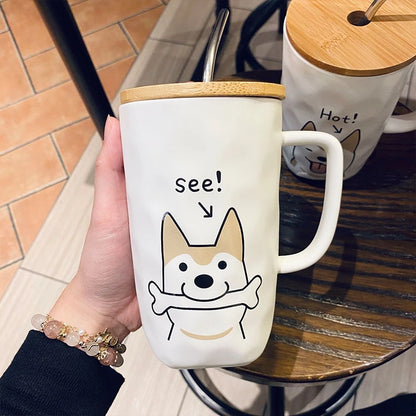 600ml Ceramic Coffee Cup with Wooden Lid And Stainless Steel Straw Large Capacity Creative Dog Design Milk Tea Cup
