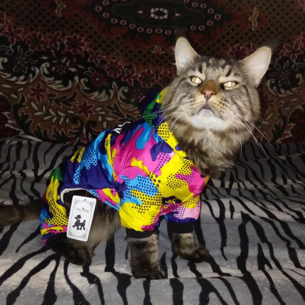 the RETRO DOG - Winter Small Dog Clothes, Puppy Dog Down Coat Parkas, Fashion Camouflage Printed Pet Cat/Puppy Ski Suit, Dog Cotton Jacket Outfits