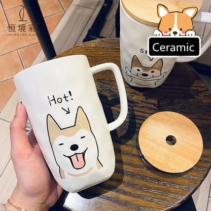 600ml Ceramic Coffee Cup with Wooden Lid And Stainless Steel Straw Large Capacity Creative Dog Design Milk Tea Cup