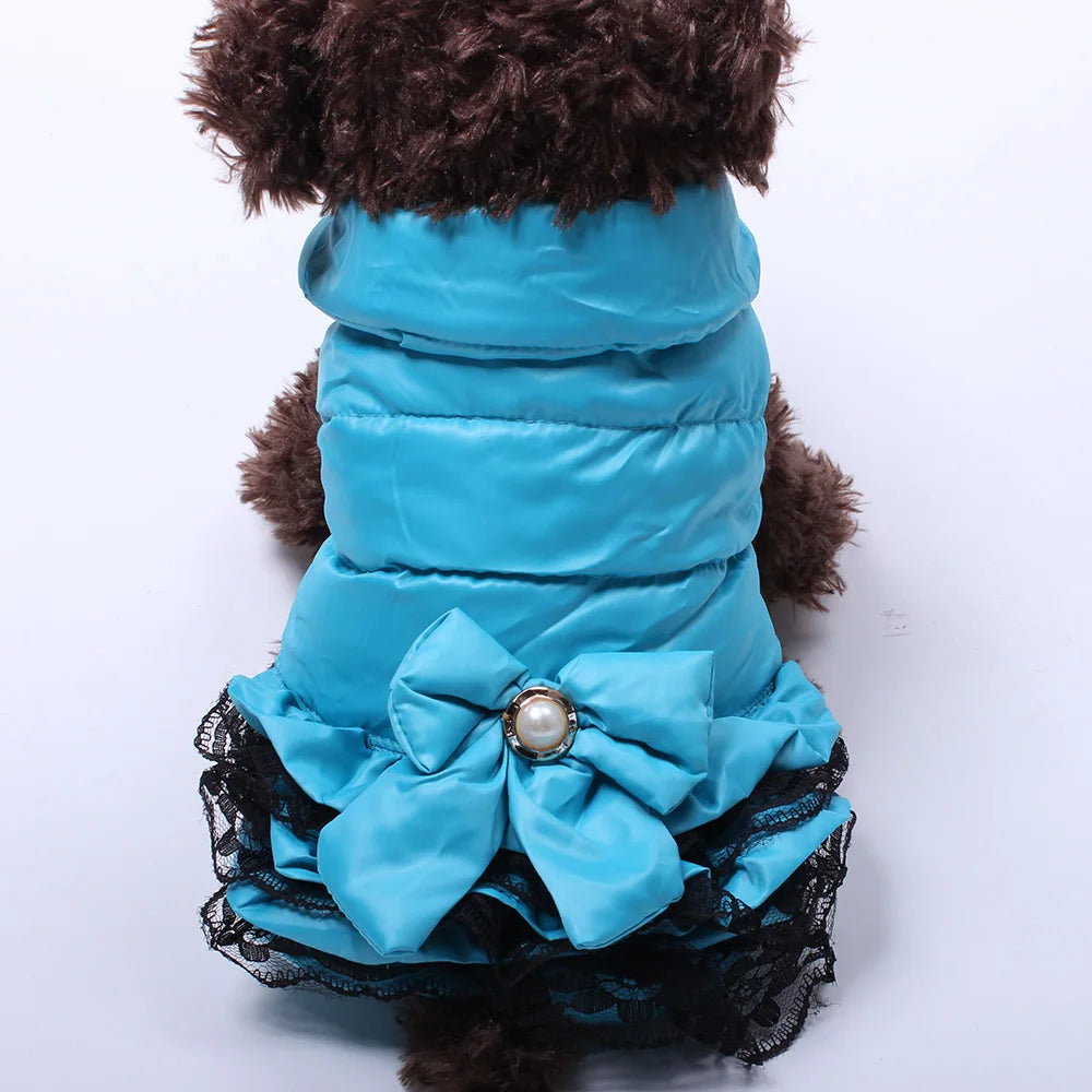 Dog Cat Dress Coat Jacket Dress Bow&Lace Design Pet Puppy Hoody Winter Warm Clothes Apperal