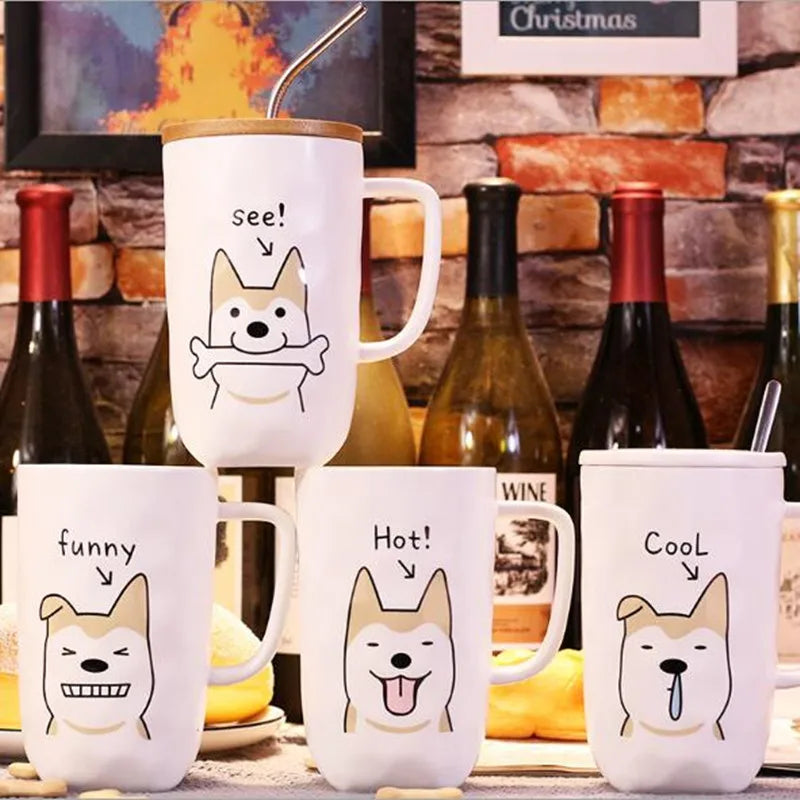 Large Capacity Ceramic Coffee Mug with Lid and Straw, Dog Design Teacup with Handle, Creative Gifts, 600ml