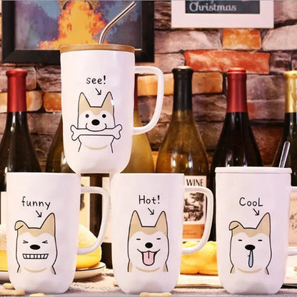 Large Capacity Ceramic Coffee Mug with Lid and Straw, Dog Design Teacup with Handle, Creative Gifts, 600ml