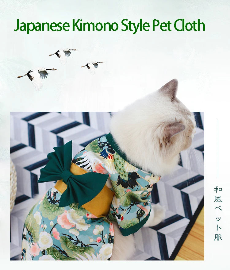 Pet Japanese Kimono Cat Dog Cosplay Coat Crane Cherry Blossom Pattern Pet Jacket Christmas Easter Dresses Chihuahua Pet Clothes