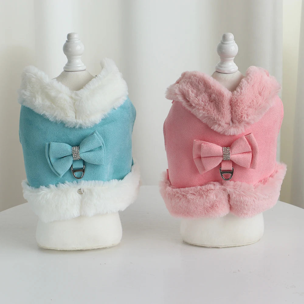 the SPARKLEPAW DIAMOND HARNESS - Warm Winter Dog Harness and Leash Set, Cute Bowknot Pet Fur Vest, Pets/Puppy Clothes Vest, Small Dog Clothing, French Bulldog