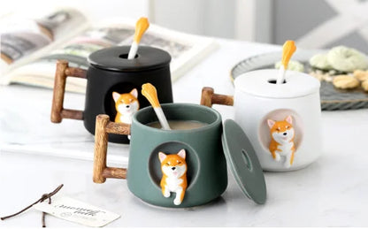 Cartoon Ceramic Mug Cute 3D Shiba Inu Dog Spoon Milk Tea Creative Coffee Cup