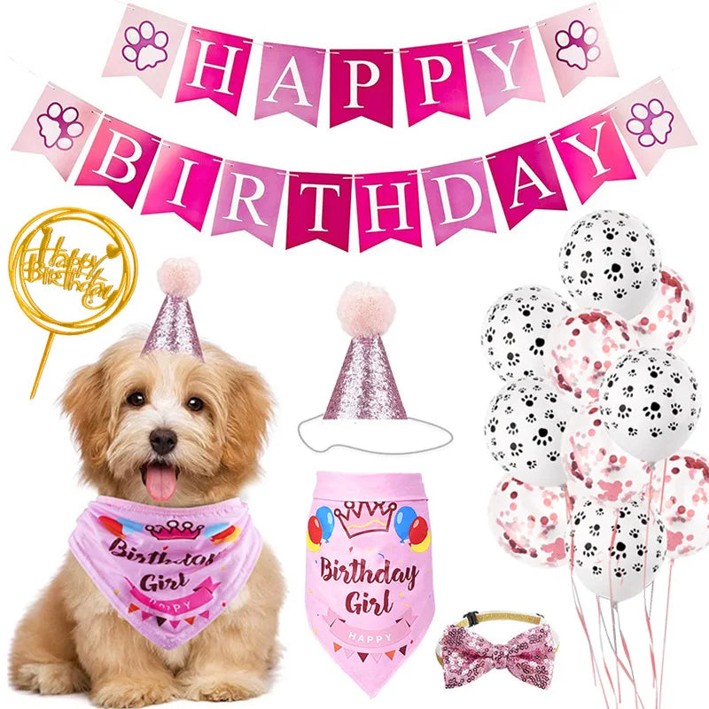 Dog Cat Birthday Party Decoration Set Hat Triangle Scarf Bow Tie Greetings Pet Accessories for Mascotas suministros para perros