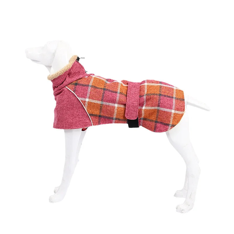 Winter Big Dog Clothes Warm Fleece Pet Jacket for Medium Large Dogs Weimaraner Greyhound Adjustable Belt Plaid Print Coat Outfit