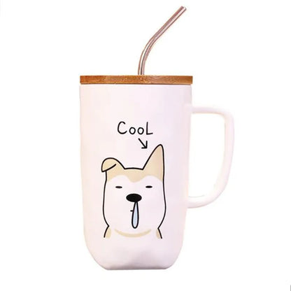 Large Capacity Ceramic Coffee Mug with Lid and Straw, Dog Design Teacup with Handle, Creative Gifts, 600ml