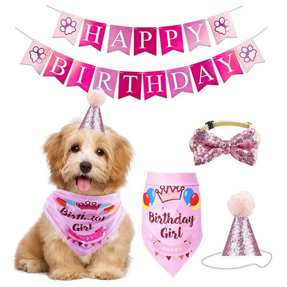 Dog Cat Birthday Party Decoration Set Hat Triangle Scarf Bow Tie Greetings Pet Accessories for Mascotas suministros para perros