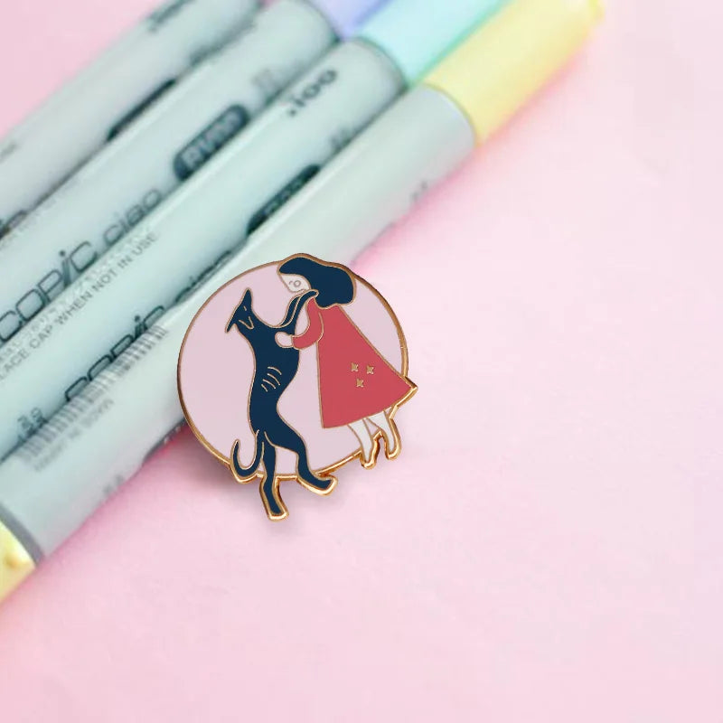 Girl and Her Black Greyhound Enamel Pin Dog Pet Lovers Cute Decoration on Hat Bag Jacket
