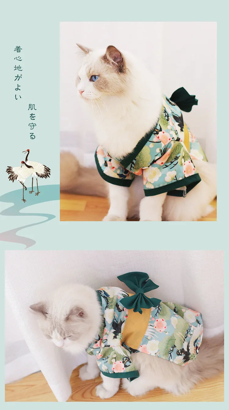 Pet Japanese Kimono Cat Dog Cosplay Coat Crane Cherry Blossom Pattern Pet Jacket Christmas Easter Dresses Chihuahua Pet Clothes