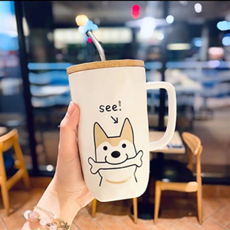 Large Capacity Ceramic Coffee Mug with Lid and Straw, Dog Design Teacup with Handle, Creative Gifts, 600ml