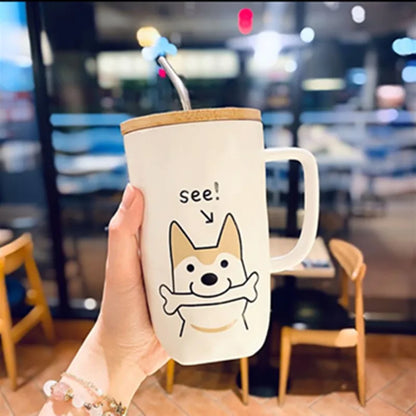 Large Capacity Ceramic Coffee Mug with Lid and Straw, Dog Design Teacup with Handle, Creative Gifts, 600ml