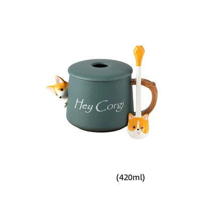 Kawaii Cute 3D Ceramic Cartoon Shiba Dog Coffee Mug Teacher Appreciation Gifts, 420ML Tea Cup with Wood Handles for Office,Home