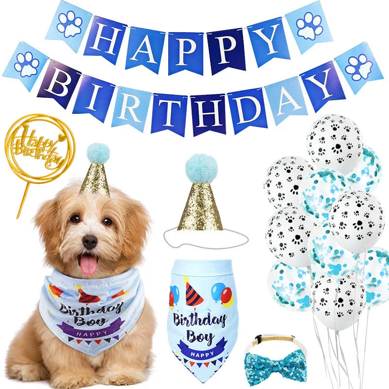Dog Cat Birthday Party Decoration Set Hat Triangle Scarf Bow Tie Greetings Pet Accessories for Mascotas suministros para perros
