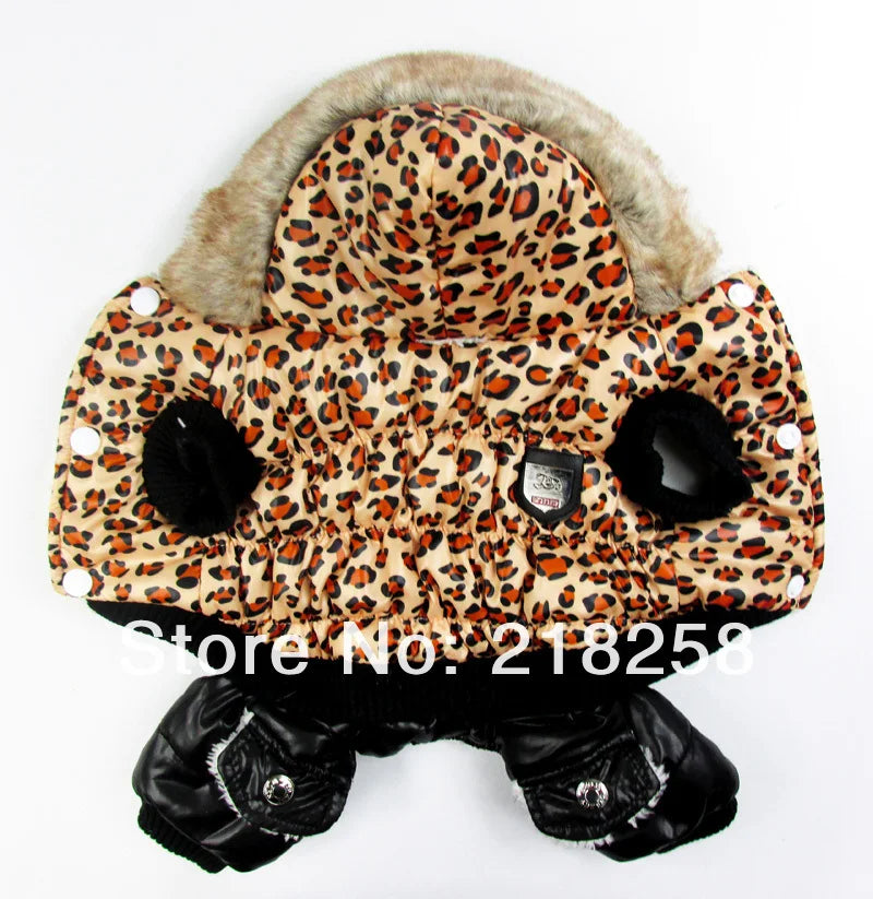 Leopard Pattern Thick Warm Pet Dog Winter Coat, Hoodies, Jumpsuit, Clothing for Small Puppy