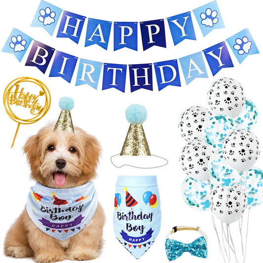 Dog Cat Birthday Party Decoration Set Hat Triangle Scarf Bow Tie Greetings Pet Accessories for Mascotas suministros para perros