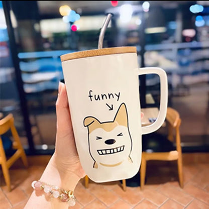 Large Capacity Ceramic Coffee Mug with Lid and Straw, Dog Design Teacup with Handle, Creative Gifts, 600ml