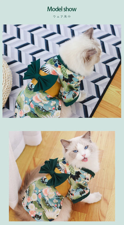 Pet Japanese Kimono Cat Dog Cosplay Coat Crane Cherry Blossom Pattern Pet Jacket Christmas Easter Dresses Chihuahua Pet Clothes