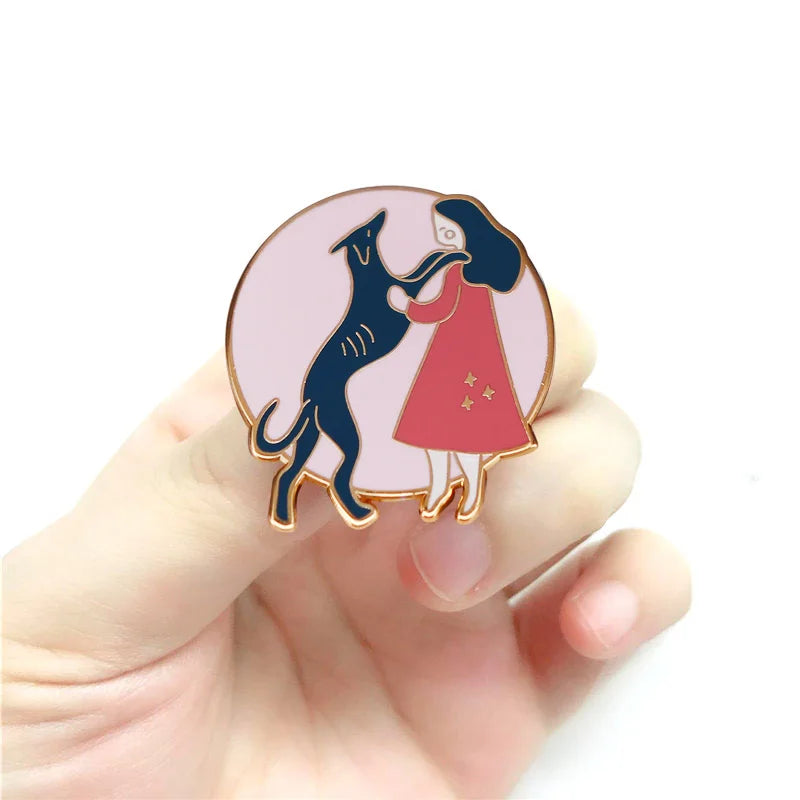 Girl and Her Black Greyhound Enamel Pin Dog Pet Lovers Cute Decoration on Hat Bag Jacket