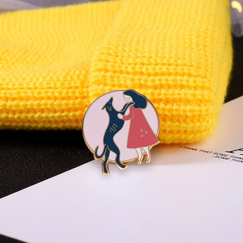 Girl and Her Black Greyhound Enamel Pin Dog Pet Lovers Cute Decoration on Hat Bag Jacket
