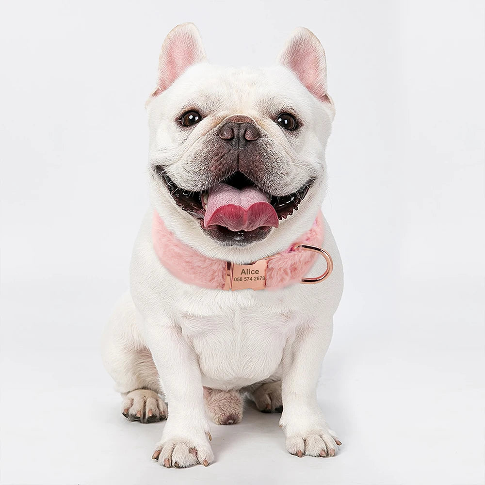 the PERSONALIZED PAW PLUSH COLLAR - Soft Personalized Dog Collar, Winter Warm Fur Customized Pet ID Tag Collars for Small/Medium/Large Dogs, French Bulldog, Chihuahua