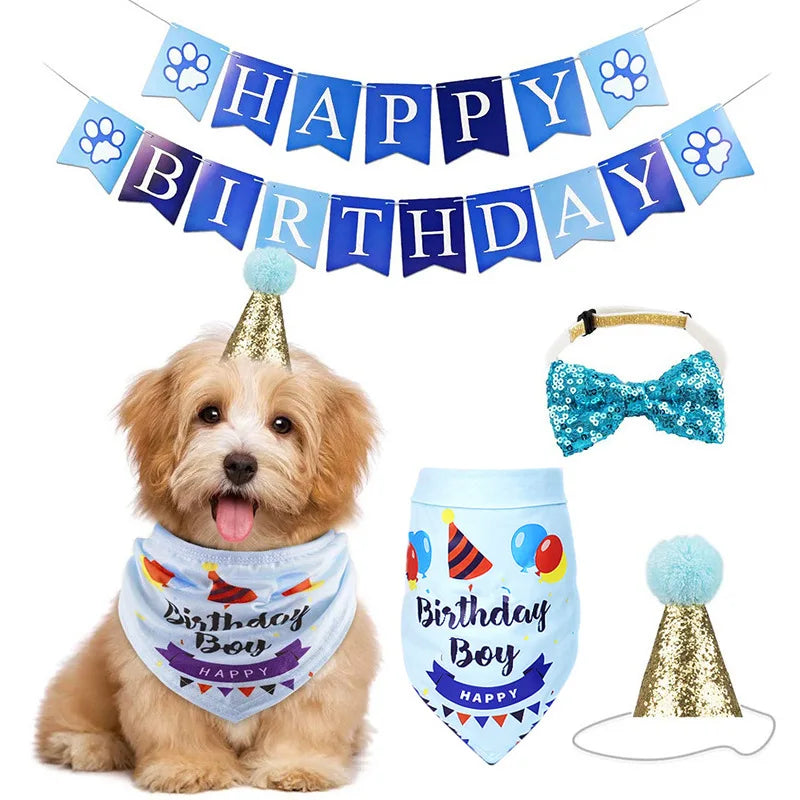 Dog Cat Birthday Party Decoration Set Hat Triangle Scarf Bow Tie Greetings Pet Accessories for Mascotas suministros para perros
