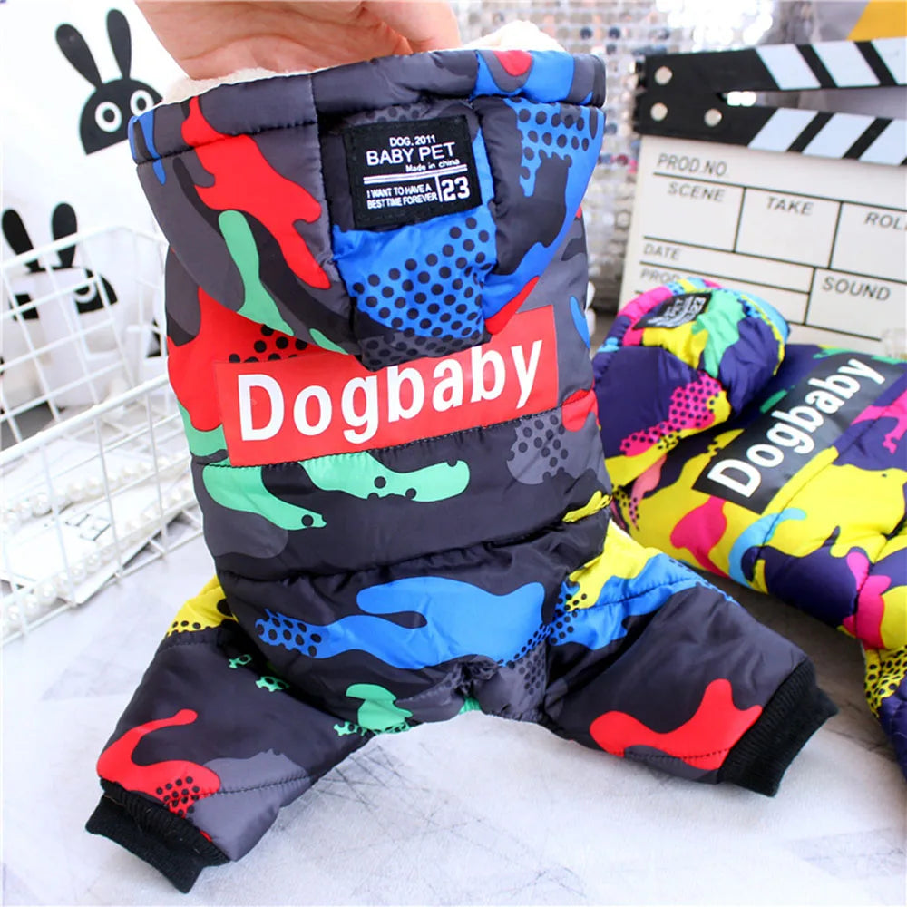 the RETRO DOG - Winter Small Dog Clothes, Puppy Dog Down Coat Parkas, Fashion Camouflage Printed Pet Cat/Puppy Ski Suit, Dog Cotton Jacket Outfits