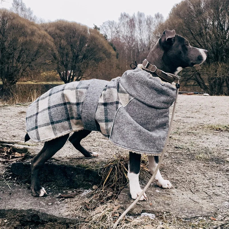 Winter Big Dog Clothes Warm Fleece Pet Jacket for Medium Large Dogs Weimaraner Greyhound Adjustable Belt Plaid Print Coat Outfit