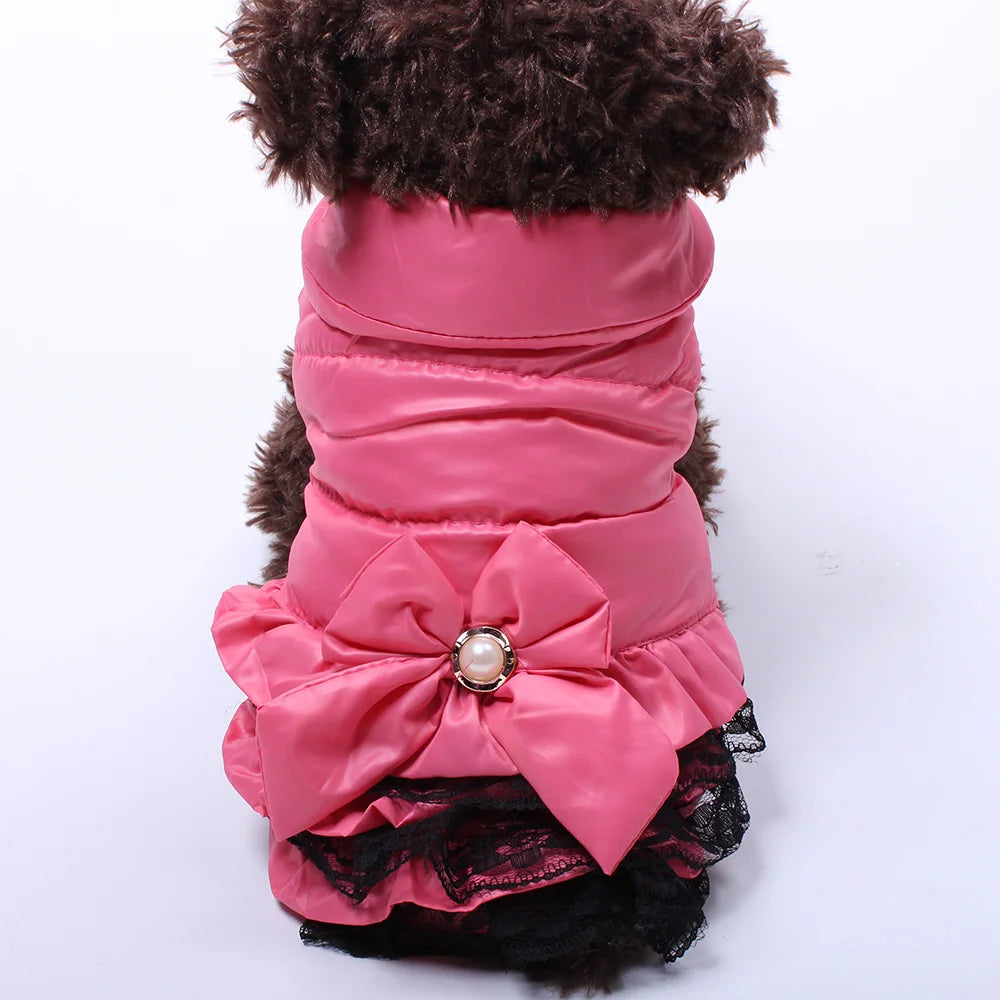 Dog Cat Dress Coat Jacket Dress Bow&Lace Design Pet Puppy Hoody Winter Warm Clothes Apperal