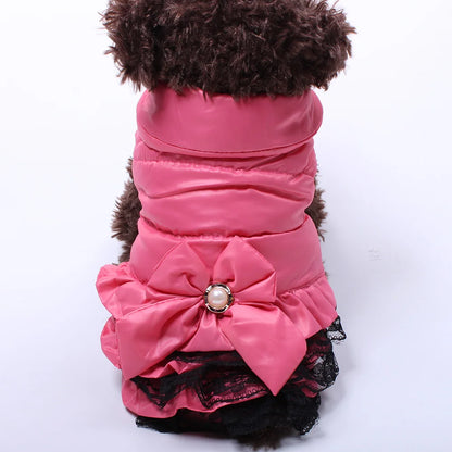 Dog Cat Dress Coat Jacket Dress Bow&Lace Design Pet Puppy Hoody Winter Warm Clothes Apperal