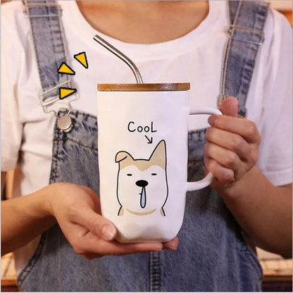 Large Capacity Ceramic Coffee Mug with Lid and Straw, Dog Design Teacup with Handle, Creative Gifts, 600ml