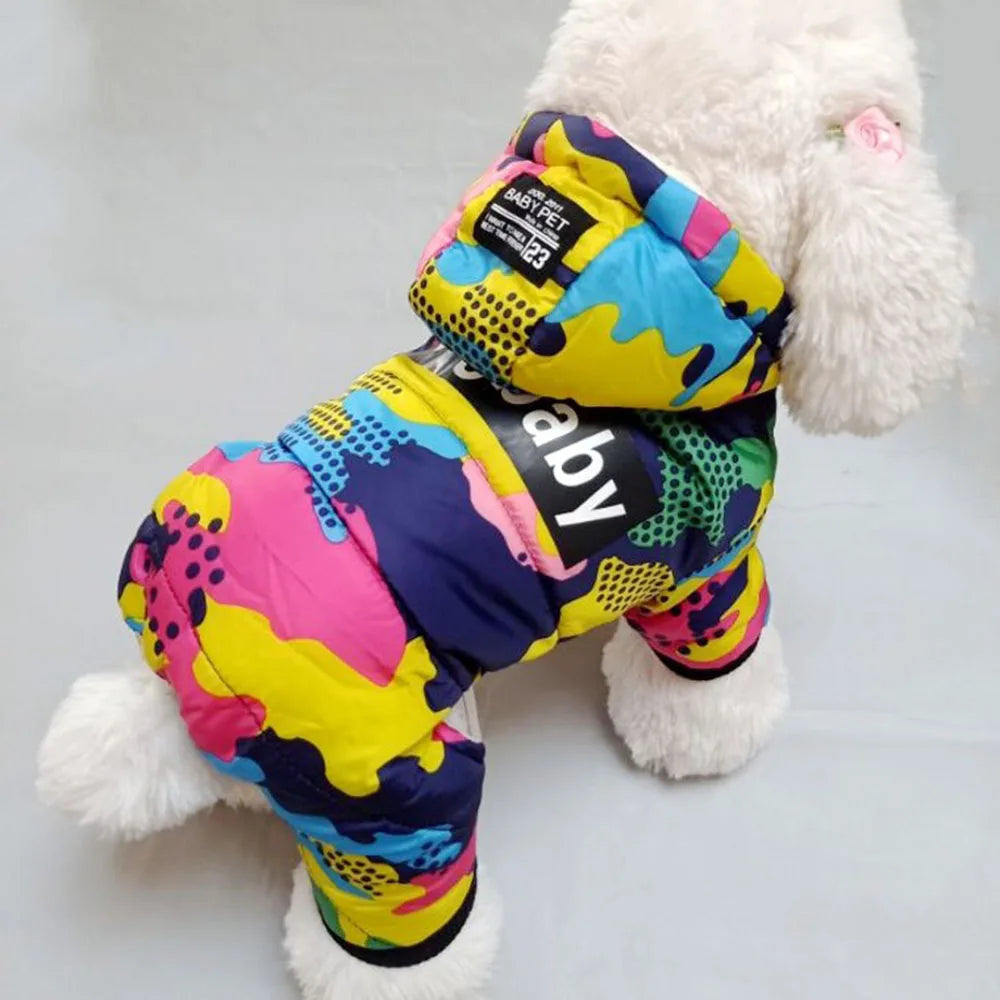 the RETRO DOG - Winter Small Dog Clothes, Puppy Dog Down Coat Parkas, Fashion Camouflage Printed Pet Cat/Puppy Ski Suit, Dog Cotton Jacket Outfits