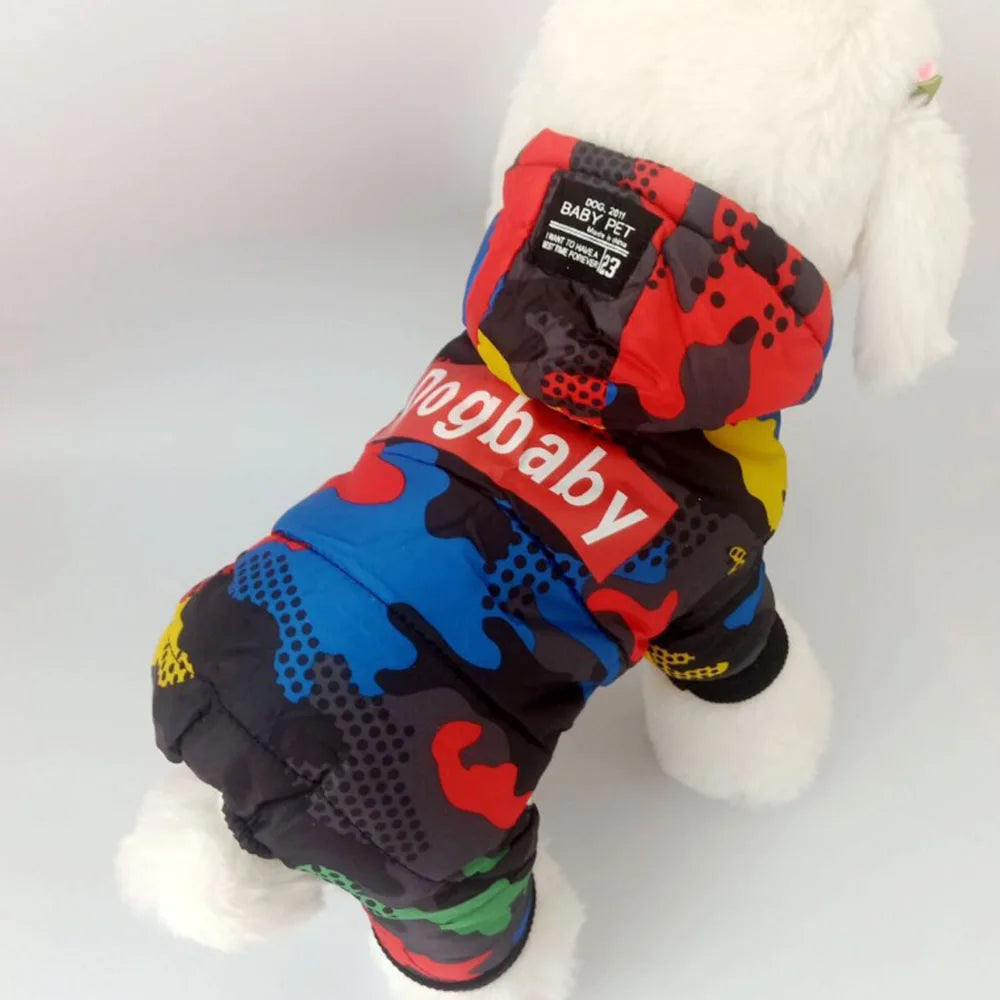 the RETRO DOG - Winter Small Dog Clothes, Puppy Dog Down Coat Parkas, Fashion Camouflage Printed Pet Cat/Puppy Ski Suit, Dog Cotton Jacket Outfits