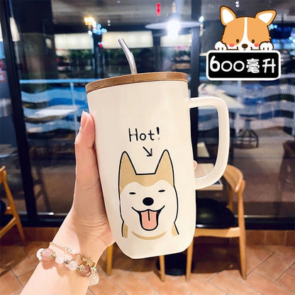 600ml Ceramic Coffee Cup with Wooden Lid And Stainless Steel Straw Large Capacity Creative Dog Design Milk Tea Cup