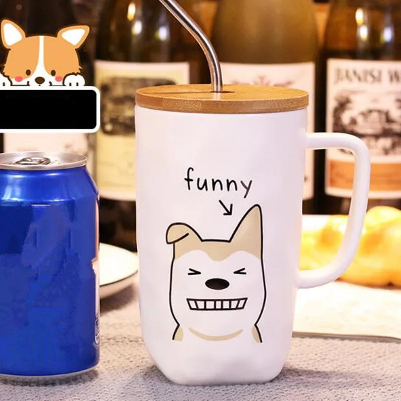 600ml Ceramic Coffee Cup with Wooden Lid And Stainless Steel Straw Large Capacity Creative Dog Design Milk Tea Cup