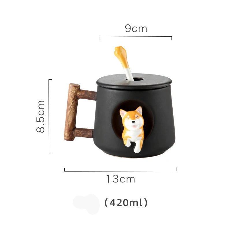 Kawaii Cute 3D Ceramic Cartoon Shiba Dog Coffee Mug Teacher Appreciation Gifts, 420ML Tea Cup with Wood Handles for Office,Home