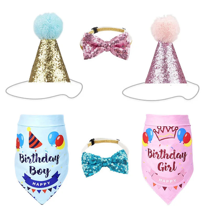 Dog Cat Birthday Party Decoration Set Hat Triangle Scarf Bow Tie Greetings Pet Accessories for Mascotas suministros para perros