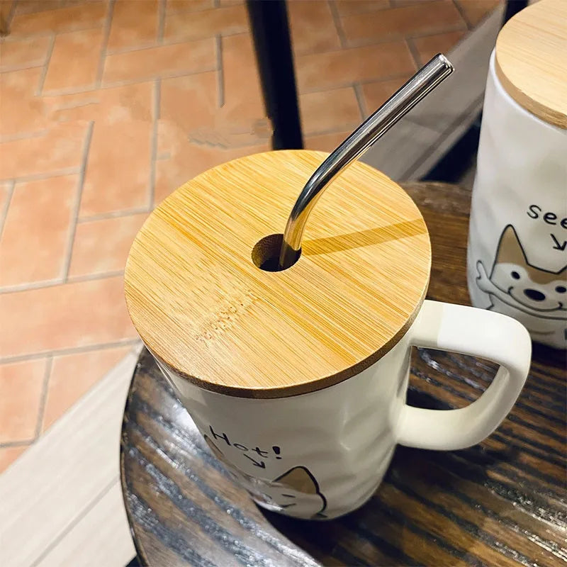 600ml Ceramic Coffee Cup with Wooden Lid And Stainless Steel Straw Large Capacity Creative Dog Design Milk Tea Cup