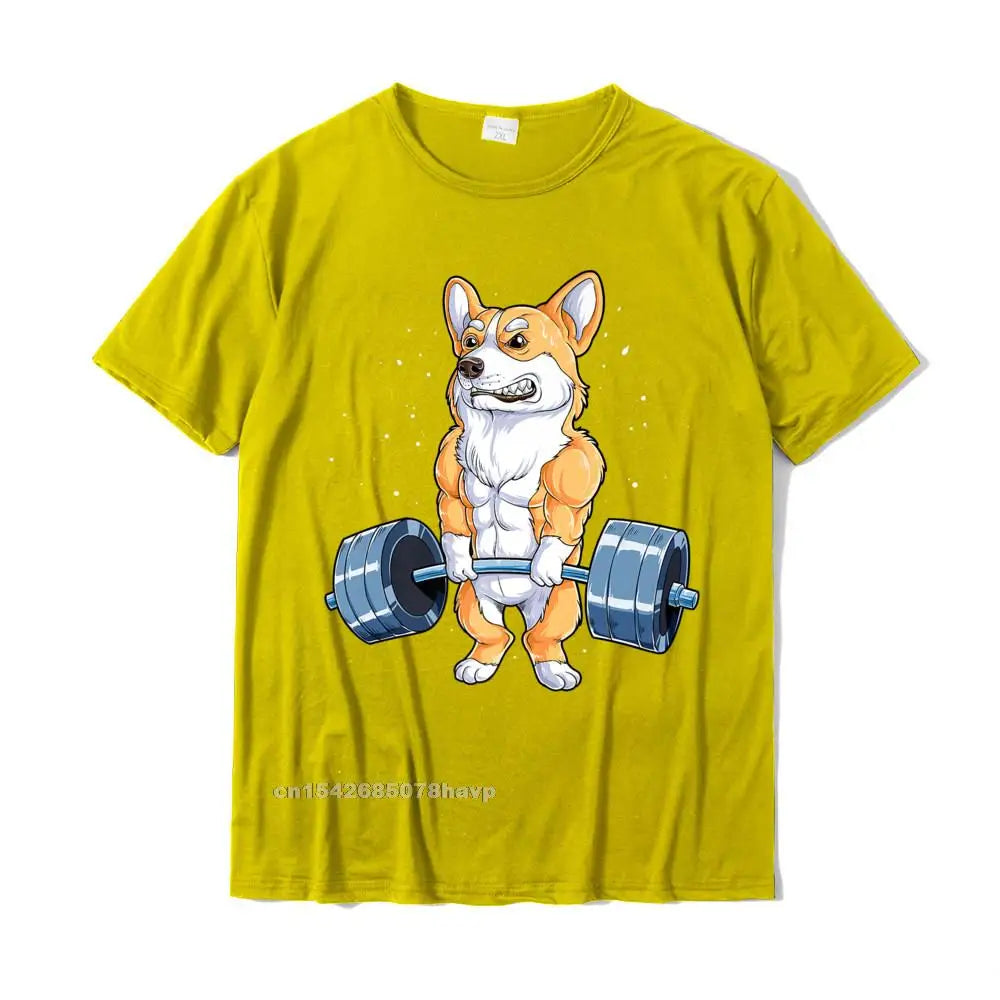 the CORGI GYM DOG - Corgi Weightlifting Funny Deadlift Men Fitness Gym Workout Premium T-Shirt, Design T-Shirt, Cute Cotton Male T-Shirt