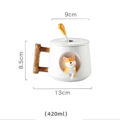 Cartoon Ceramic Mug Cute 3D Shiba Inu Dog Spoon Milk Tea Creative Coffee Cup