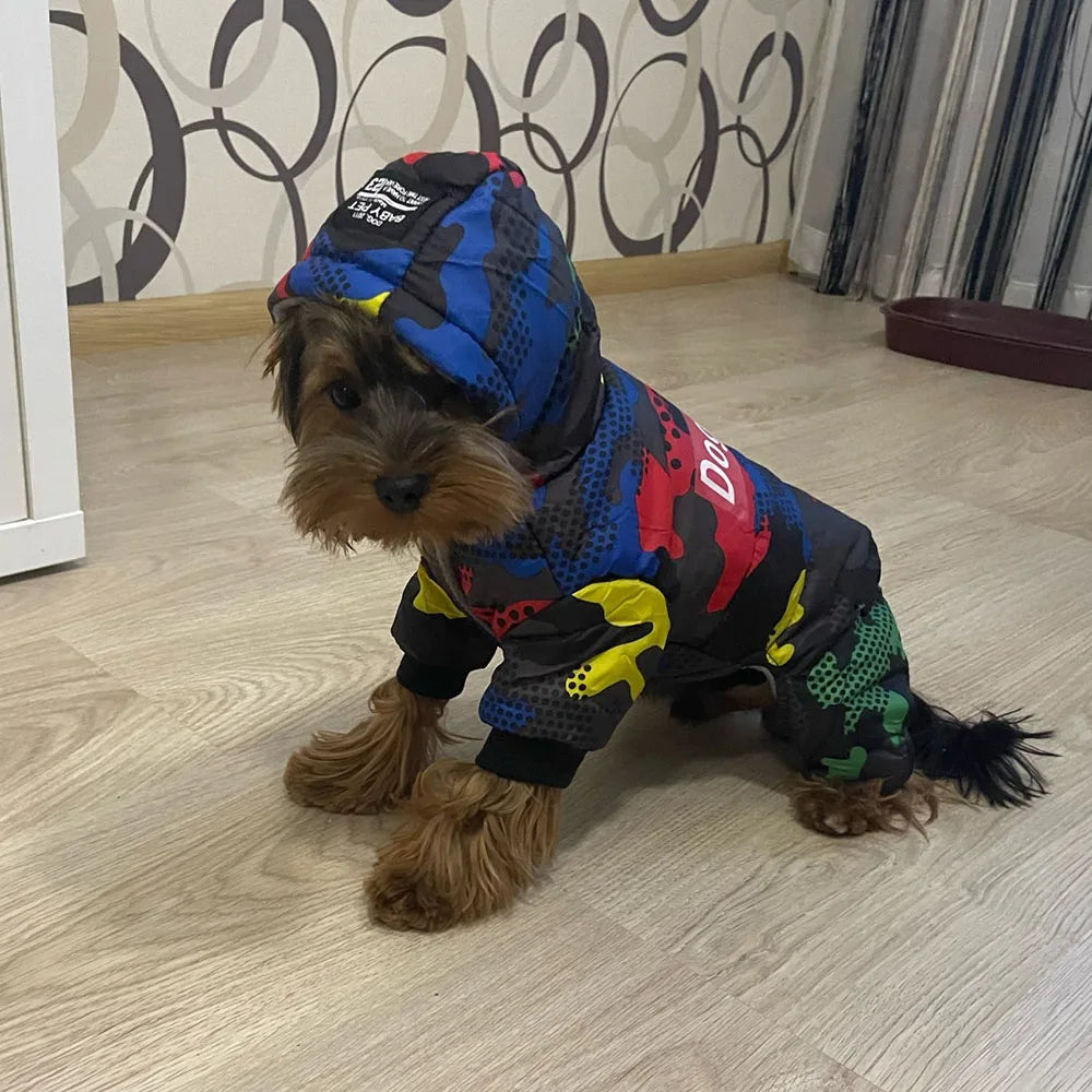 the RETRO DOG - Winter Small Dog Clothes, Puppy Dog Down Coat Parkas, Fashion Camouflage Printed Pet Cat/Puppy Ski Suit, Dog Cotton Jacket Outfits