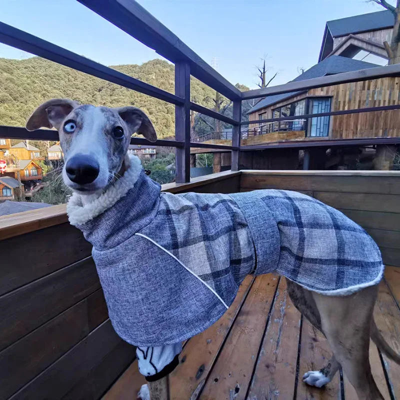 Winter Big Dog Clothes Warm Fleece Pet Jacket for Medium Large Dogs Weimaraner Greyhound Adjustable Belt Plaid Print Coat Outfit