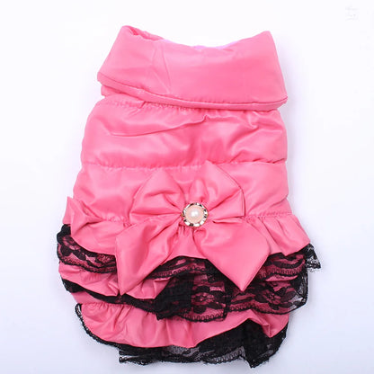 Dog Cat Dress Coat Jacket Dress Bow&Lace Design Pet Puppy Hoody Winter Warm Clothes Apperal