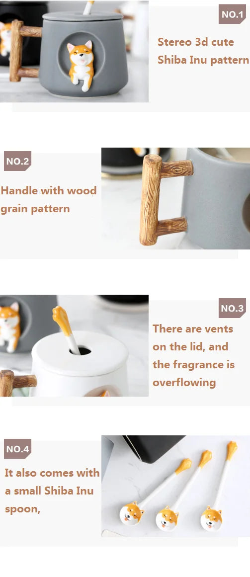 Cartoon Ceramic Mug Cute 3D Shiba Inu Dog Spoon Milk Tea Creative Coffee Cup