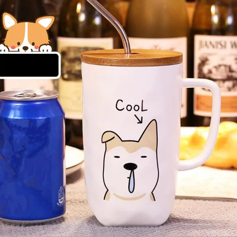 600ml Ceramic Coffee Cup with Wooden Lid And Stainless Steel Straw Large Capacity Creative Dog Design Milk Tea Cup