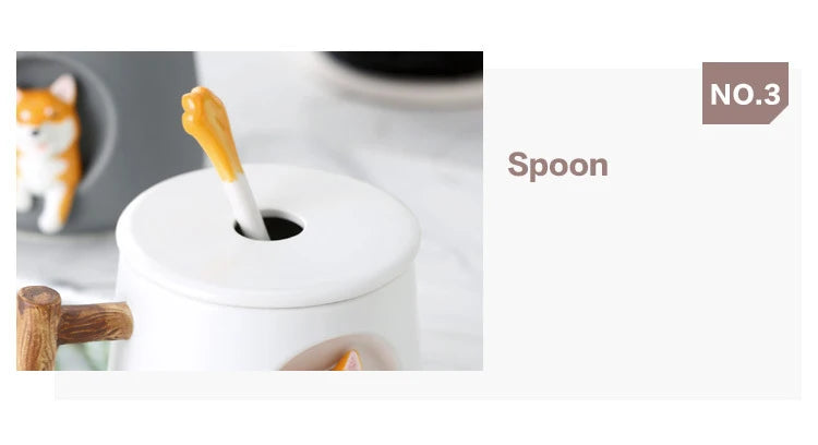 Kawaii Cute 3D Ceramic Cartoon Shiba Dog Coffee Mug Teacher Appreciation Gifts, 420ML Tea Cup with Wood Handles for Office,Home