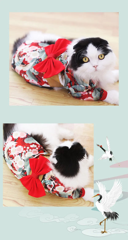 Pet Japanese Kimono Cat Dog Cosplay Coat Crane Cherry Blossom Pattern Pet Jacket Christmas Easter Dresses Chihuahua Pet Clothes